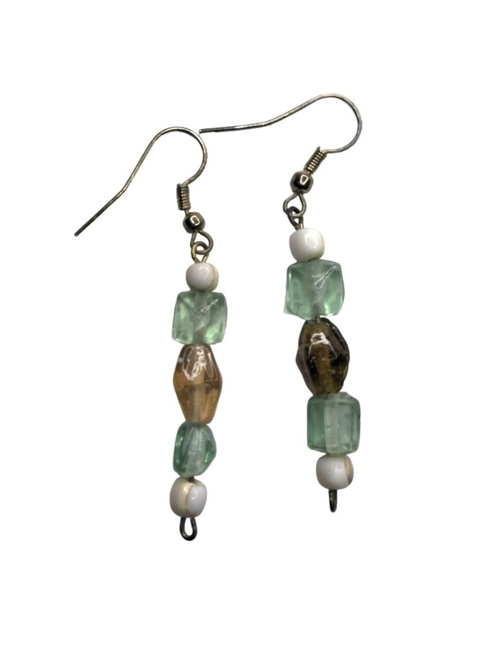 Green Brown Glass Bead Earrings Hook Drop Dangle USA Vintage Artisan Unique